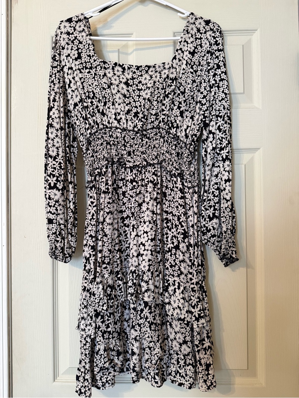 Angie Black and White Floral Smocked-Waist Long Sleeve Dress